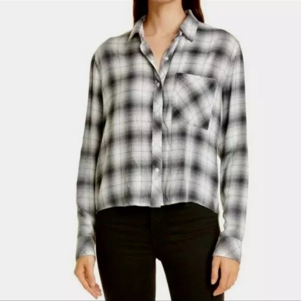 Rails Womens Top Size L Smoke Ivory Dylan Plaid Long Sleeve Button Up